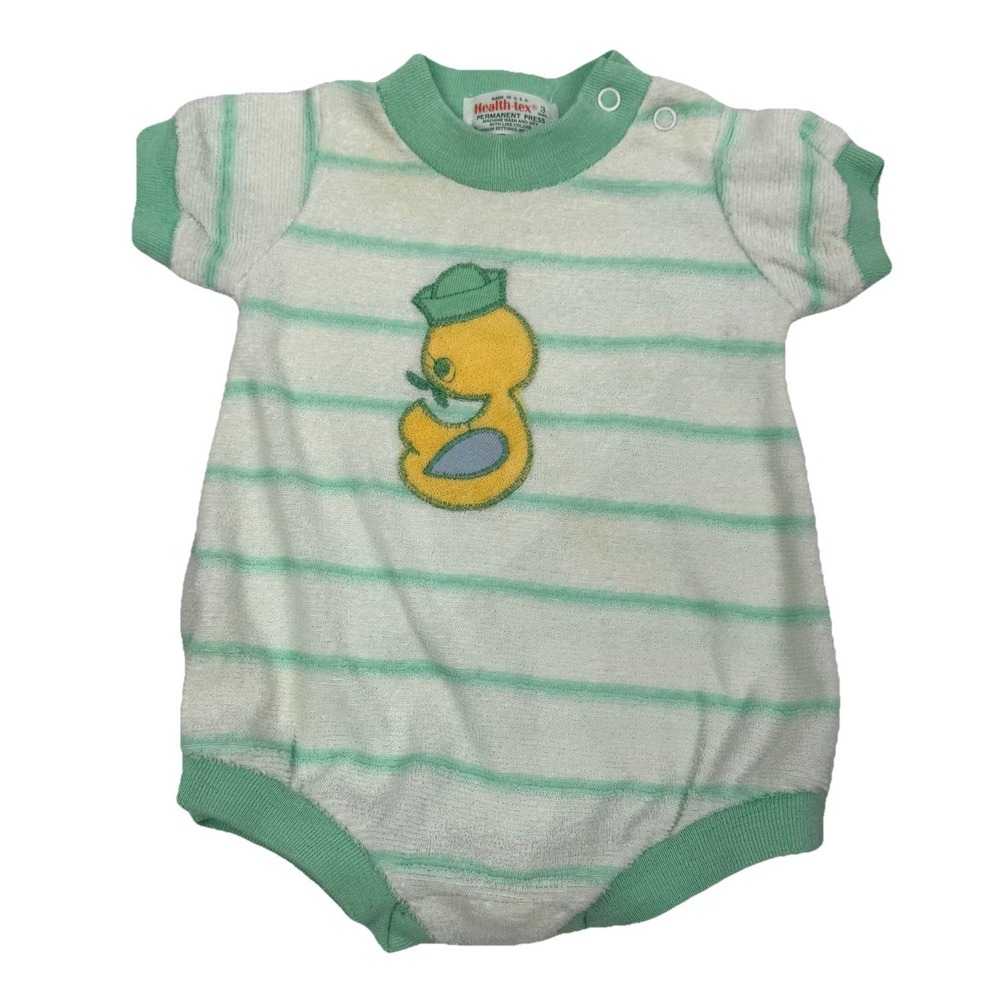 VTG Terry Cloth Striped Romper Duck Sailor Green White Unisex Health Tex 3Months